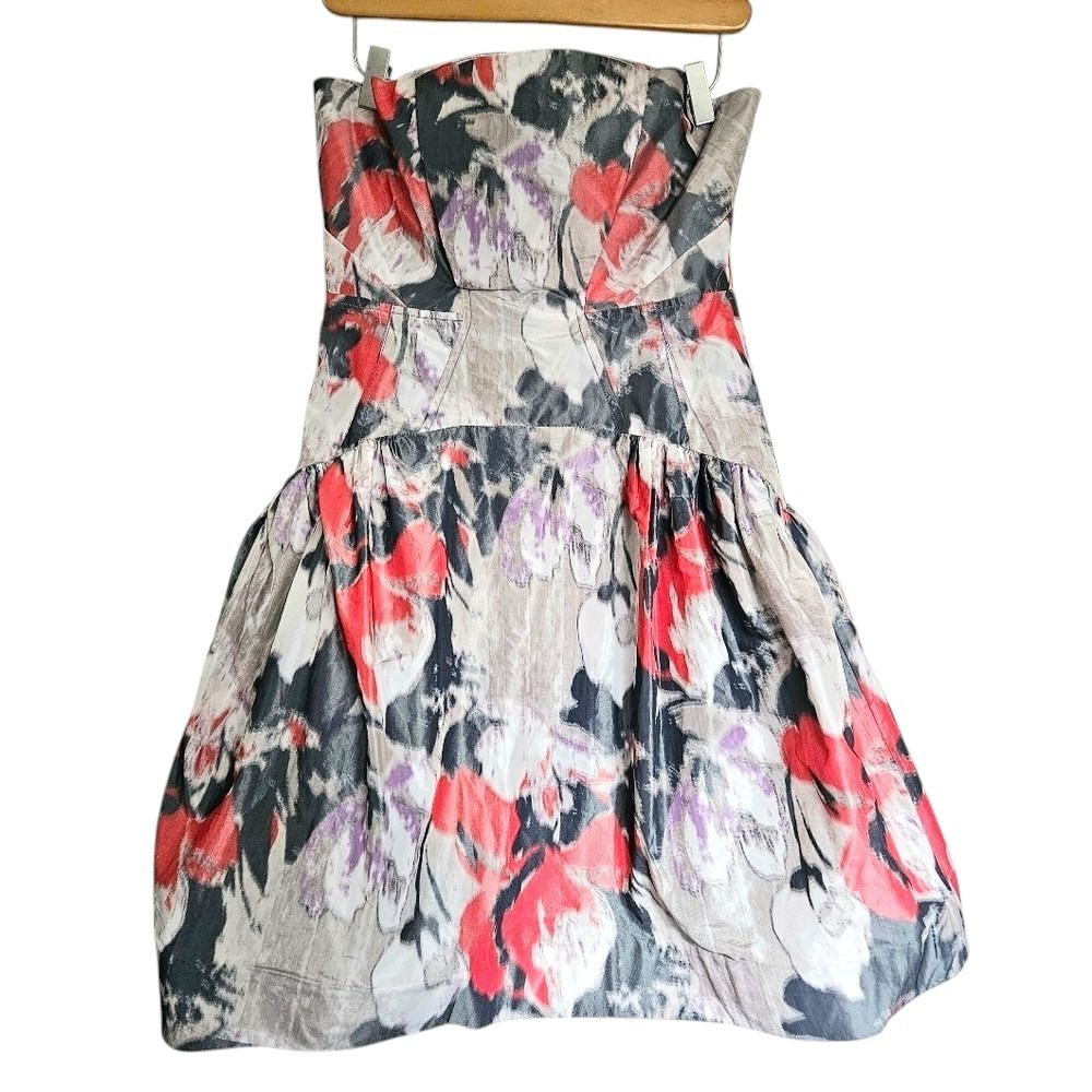 Z Spoke Zac Posen Strapless Semi Formal Mini Prom Dress Gray Red Floral Print